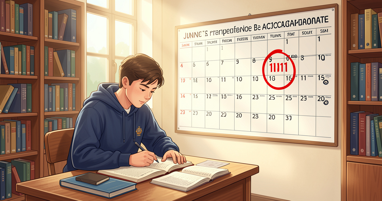 Étudiant révisant pour le bac français 2026 avec calendrier au mur montrant la date du 11 juin