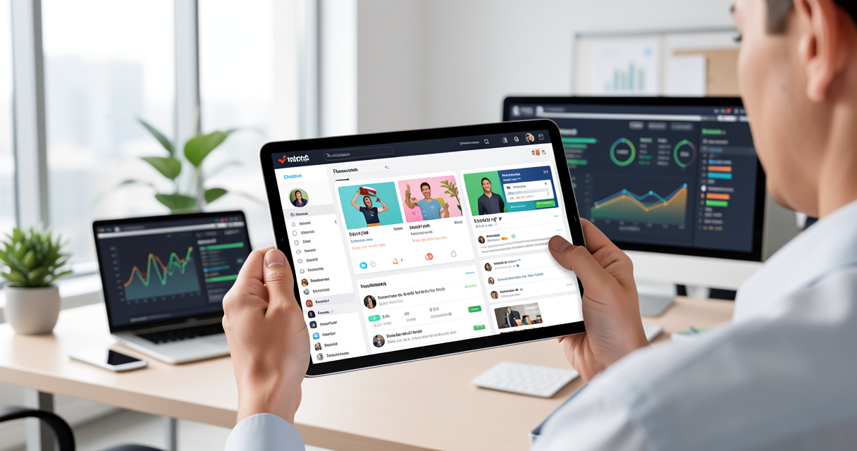 Personne utilisant une tablette avec tableau de bord réseaux sociaux dans un bureau moderne