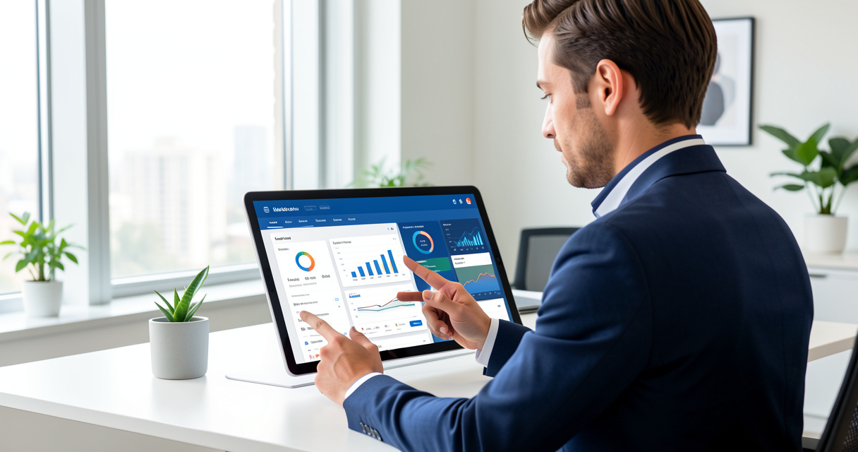 Commercial utilisant un outil IA de scoring de leads sur tablette dans un bureau moderne