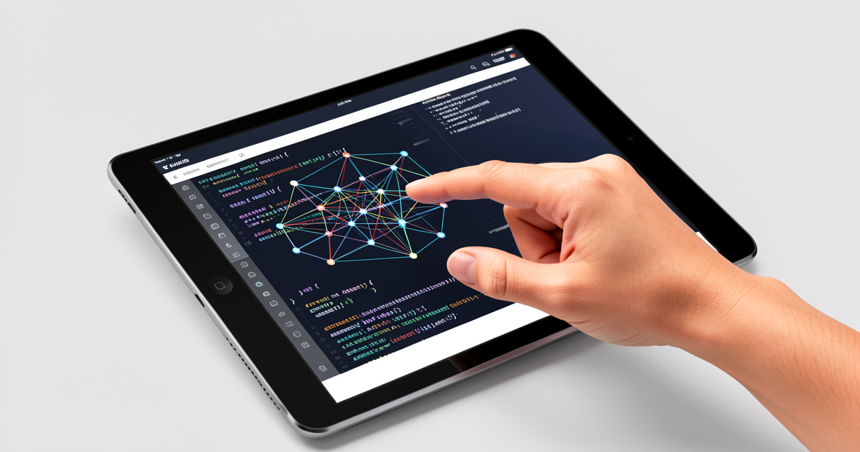 Main utilisant une tablette avec des schémas de deep learning pour une formation en intelligence artificielle