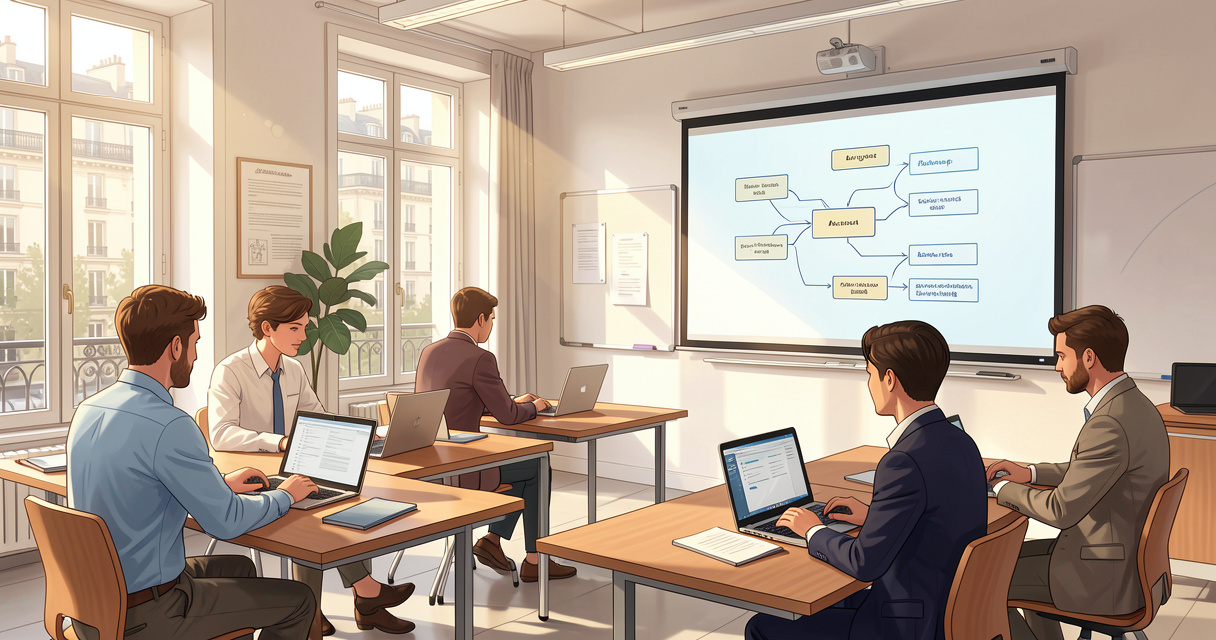 Professionnels en formation IA à Paris dans une salle moderne avec ordinateurs