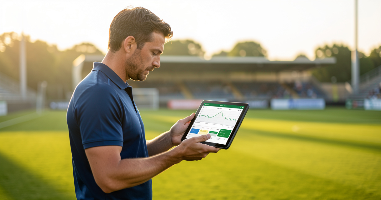 Entraîneur utilisant une tablette avec analyse IA des performances sportives sur un terrain de football