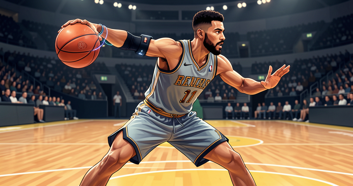 Joueur de basket portant un capteur intelligent connecté pour analyser ses mouvements avec intelligence artificielle