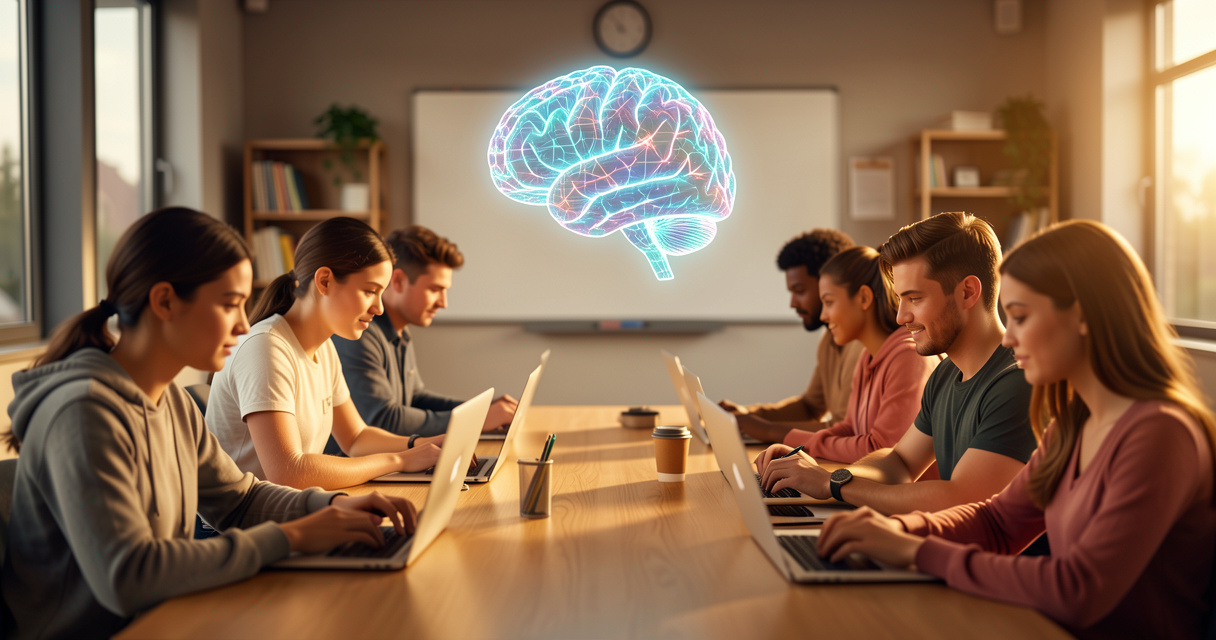 Groupe d'étudiants en formation IA certifiante dans une salle de classe high-tech avec hologramme d'intelligence artific