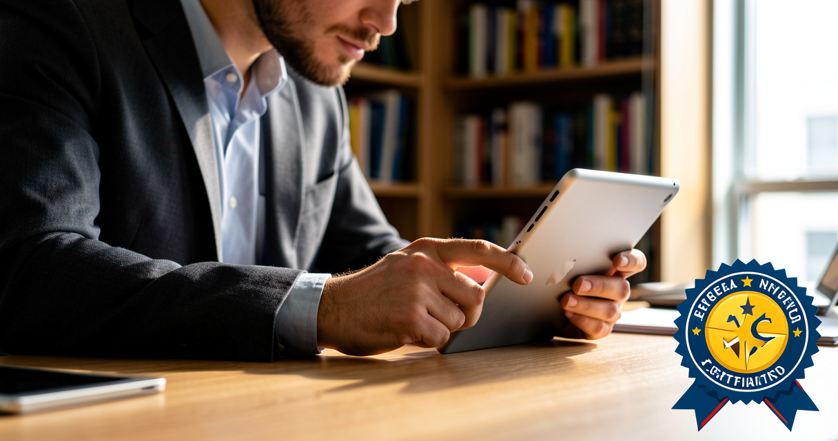 Professionnel consultant une tablette avec icône de certification IA dans un bureau moderne
