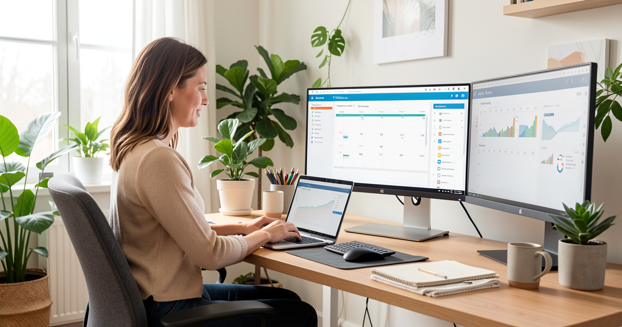 Assistante digitale travaillant sur son poste de formation à domicile avec plusieurs écrans et outils CRM