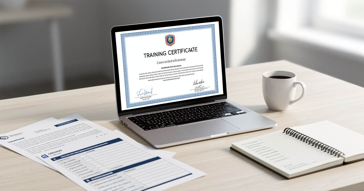 Table de travail avec écran affichant un certificat de formation d'assistante digitale et documents de cours