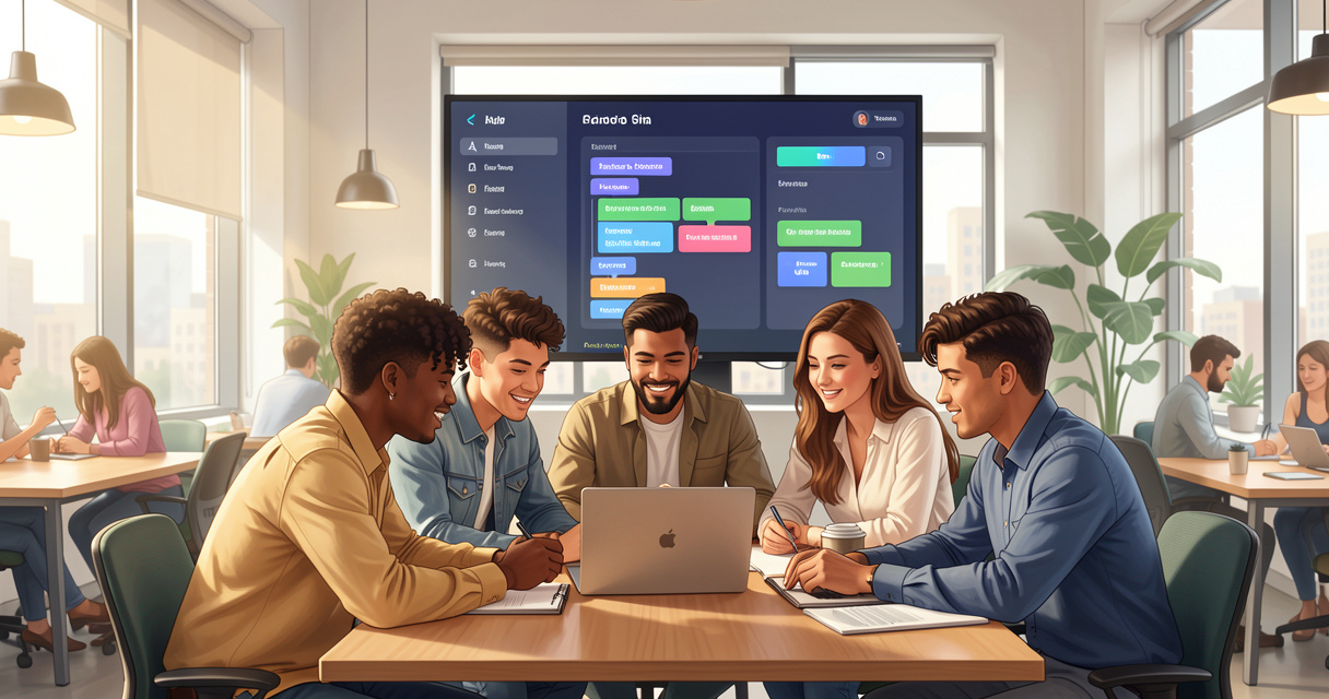 Groupe de professionnels en formation IA et NoCode dans un espace de coworking moderne avec écran partagé