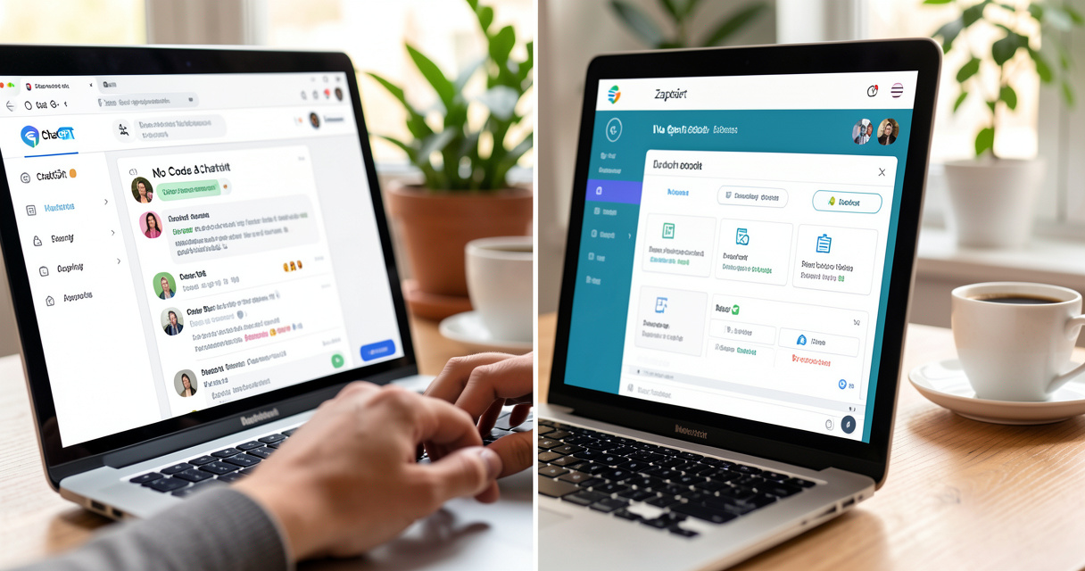 Mains tapant sur un ordinateur avec interface ChatGPT et outils d'automatisation no code en arrière-plan flou