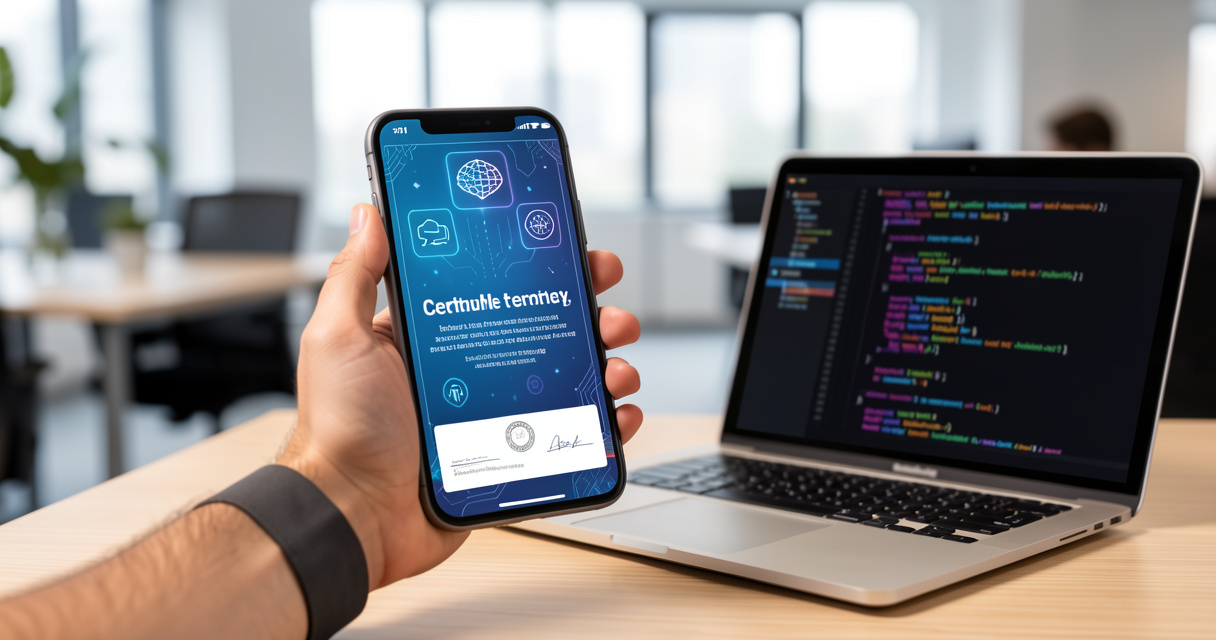 Certificat de formation IA affiché sur un smartphone à côté d'un ordinateur portable