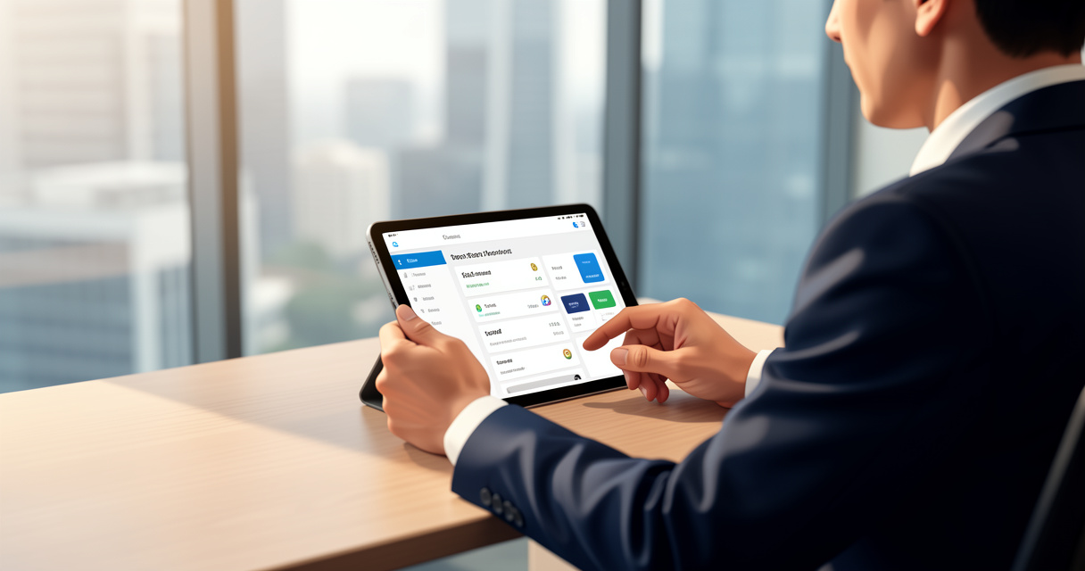 Personne utilisant une tablette avec application bancaire, illustration des compétences banque digitale