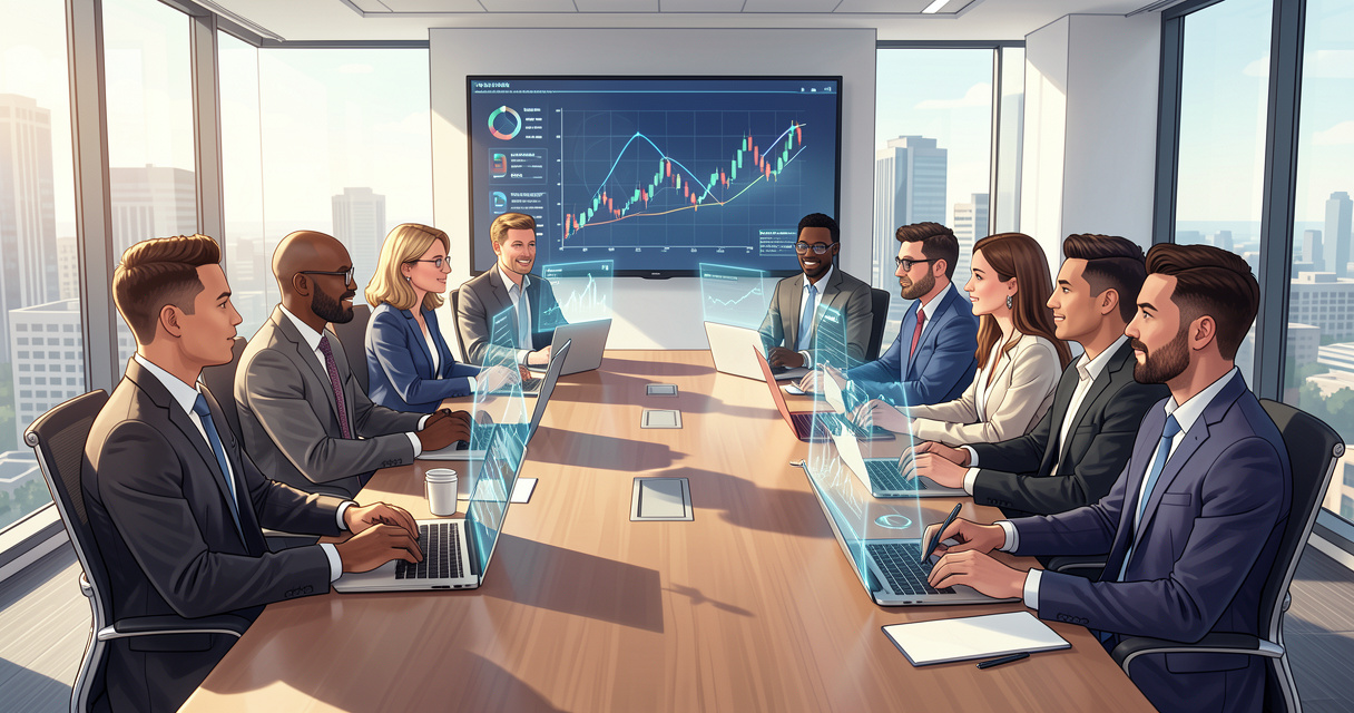 Groupe de professionnels en formation banque digitale avec graphiques financiers holographiques