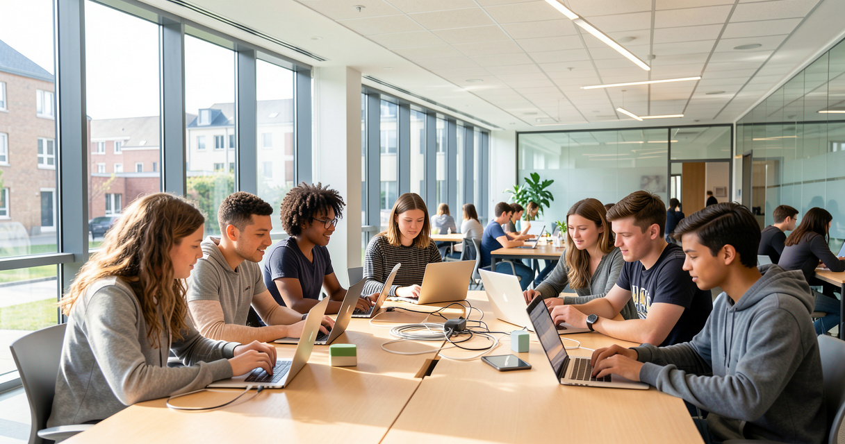 Étudiants en formation communication digitale à Rennes travaillant en groupe sur un projet numérique dans un campus mode