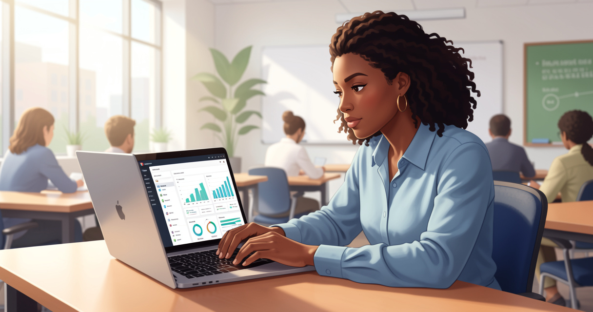 Demandeur d'emploi suivant une formation digitale sur ordinateur dans une salle moderne.