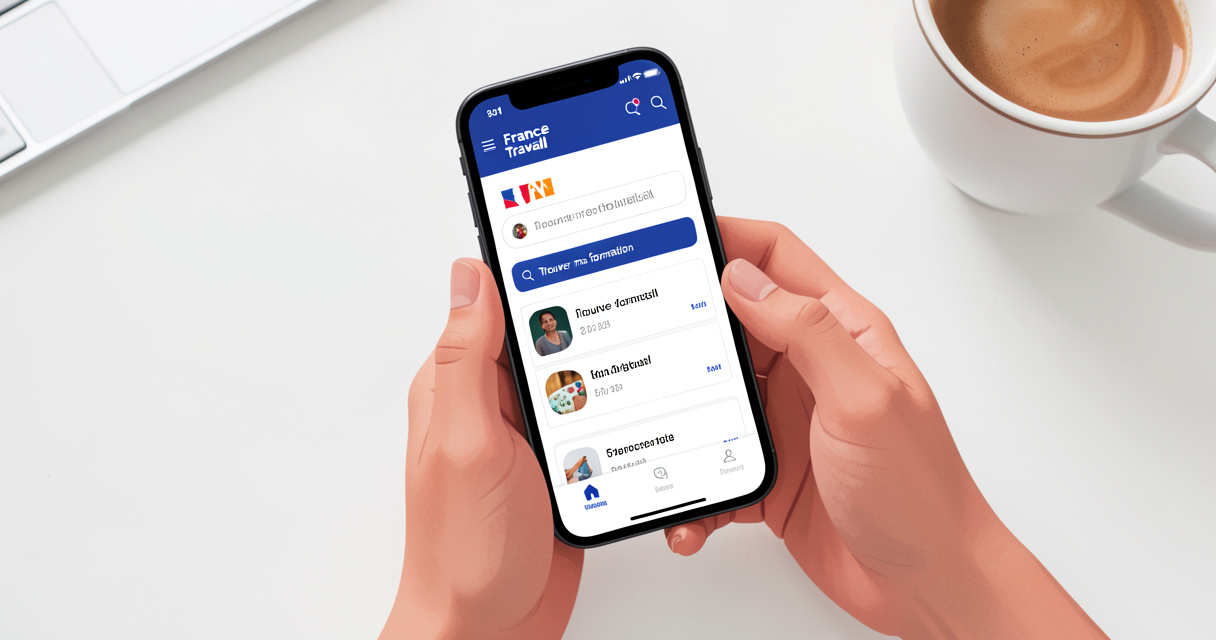 Application France Travail avec outil de recherche de formation numérique affichée sur smartphone.