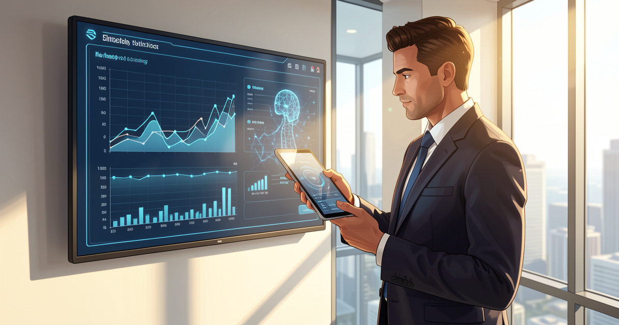 Manager utilisant un outil IA pour analyser des données dans son bureau moderne