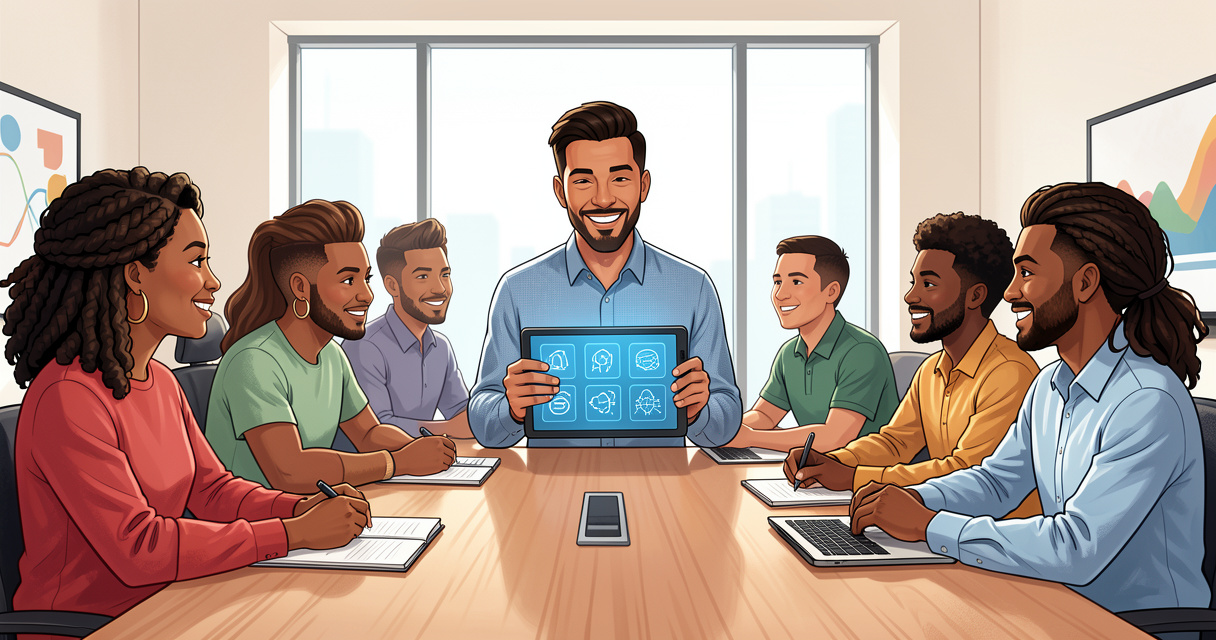 Équipe de managers en réunion discutant de l'intégration de l'IA dans leur management