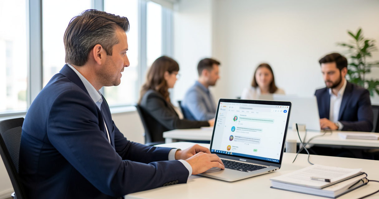 Manager participant à une formation IA pour managers avec interface ChatGPT sur écran, atelier pratique