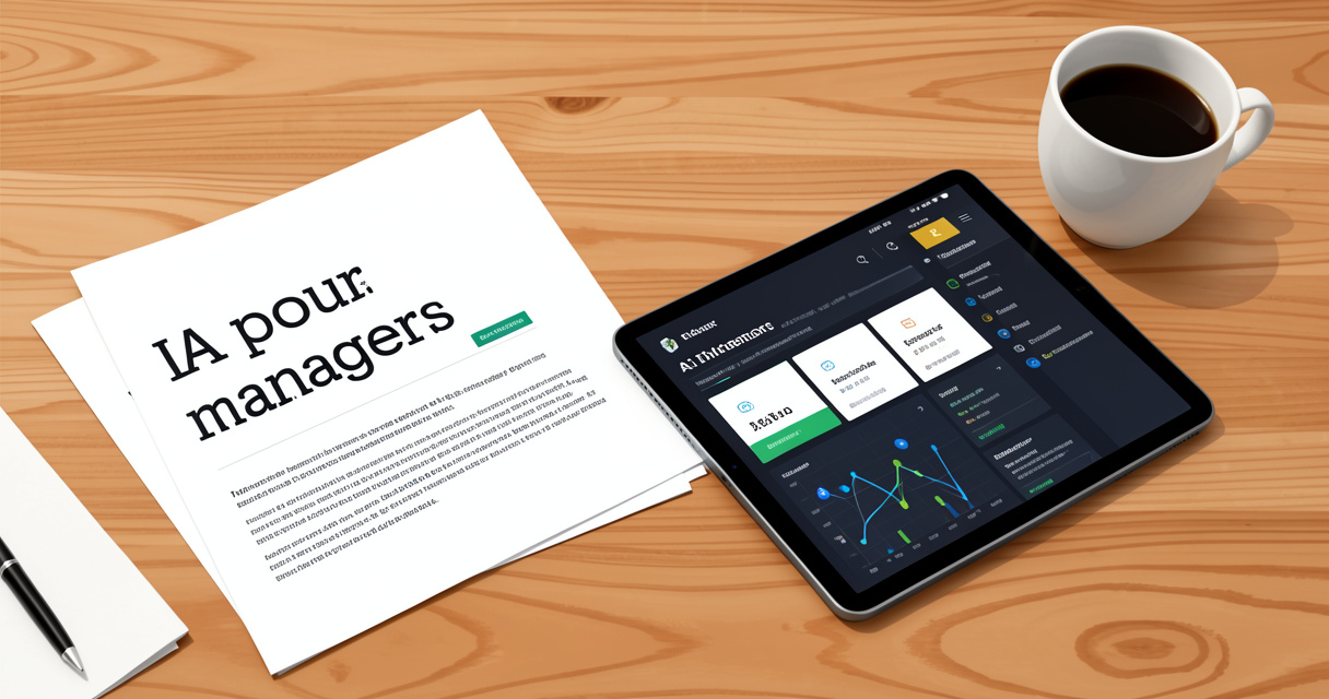 Matériel pédagogique de formation IA pour managers incluant tablette et documents imprimés