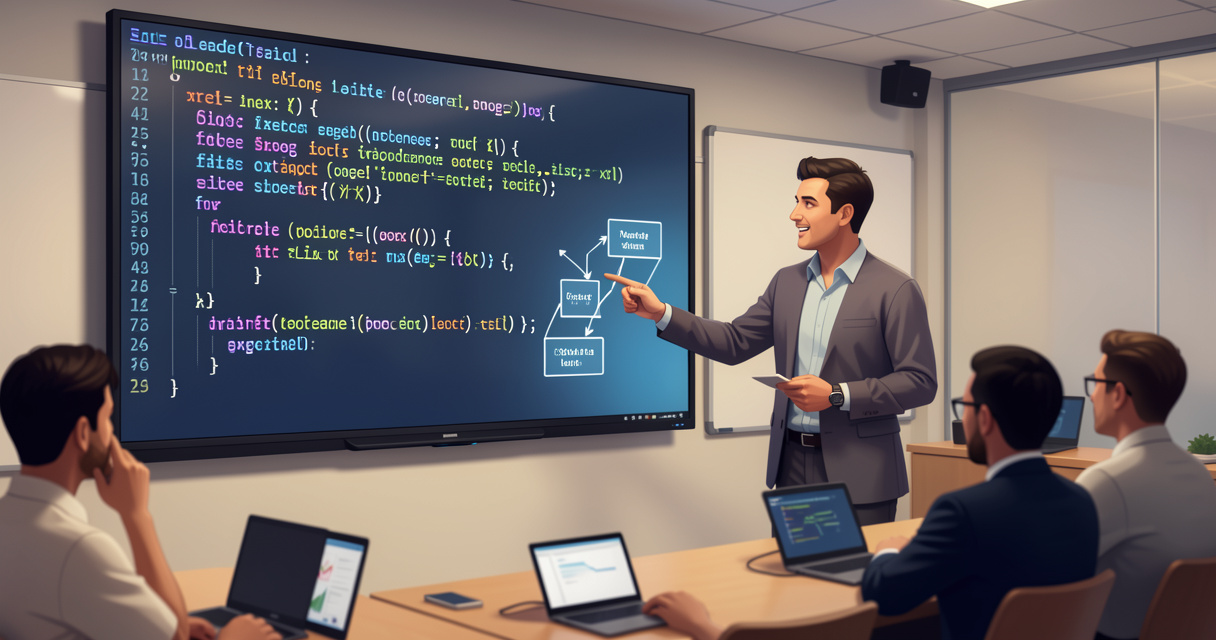 Développeur suivant une formation Oracle en salle de classe avec code SQL affiché sur écran
