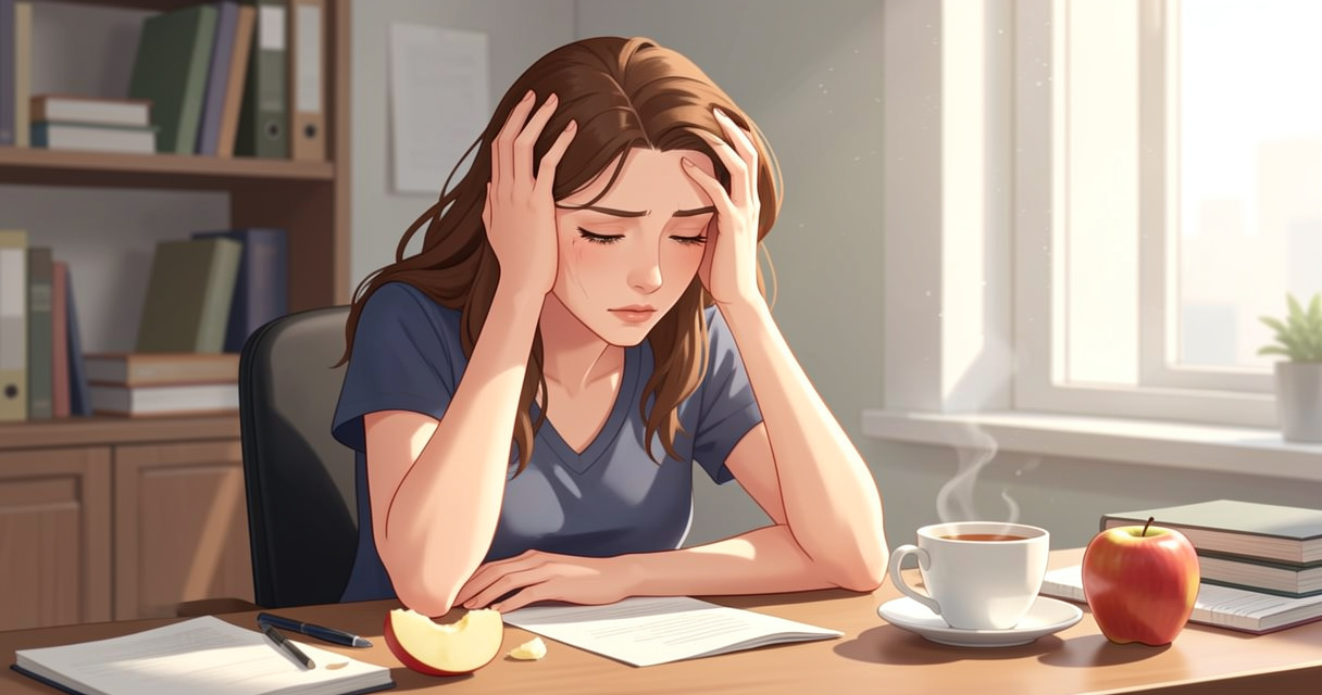 Femme fatiguée au bureau à cause de l'anémie, tenant sa tête, illustration de symptômes liés au travail