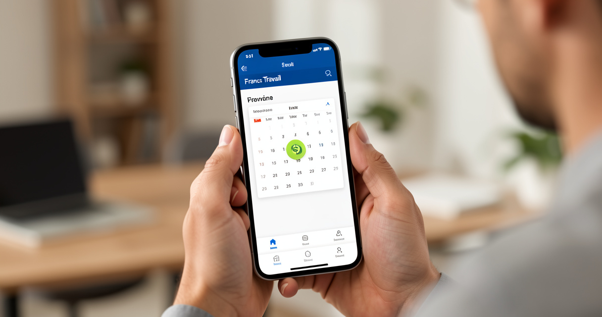 Application France Travail sur smartphone avec calendrier et icône d'argent, estimation allocation chômage.
