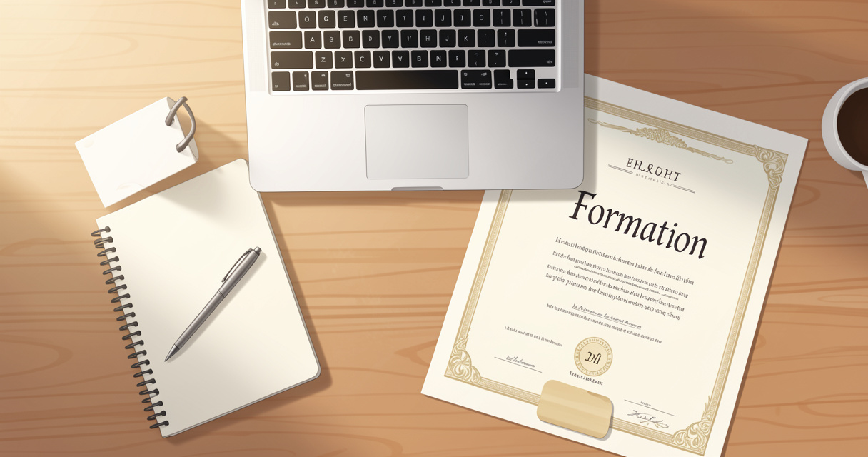 Matériel de formation et certificat sur un bureau illustrant les formations professionnelles de Yannick Palomino