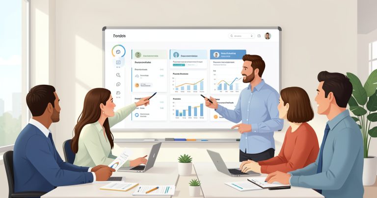 Formateur et apprenants analysant un tableau de bord de parcours personnalisé