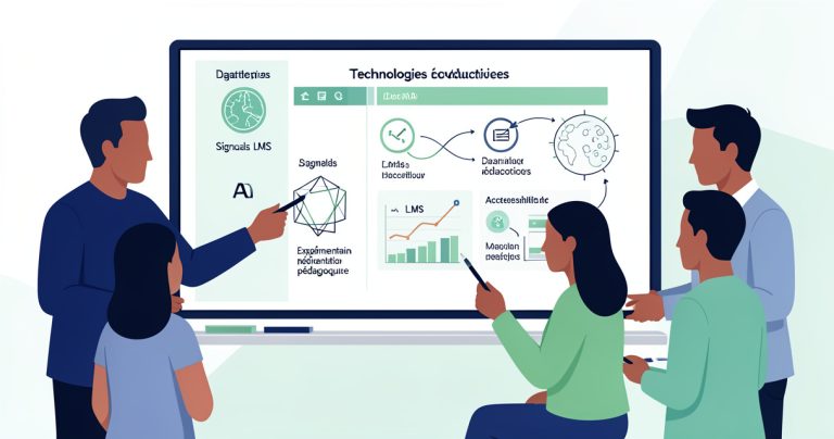 Équipe formation analysant une veille sur l’IA et les technologies éducatives
