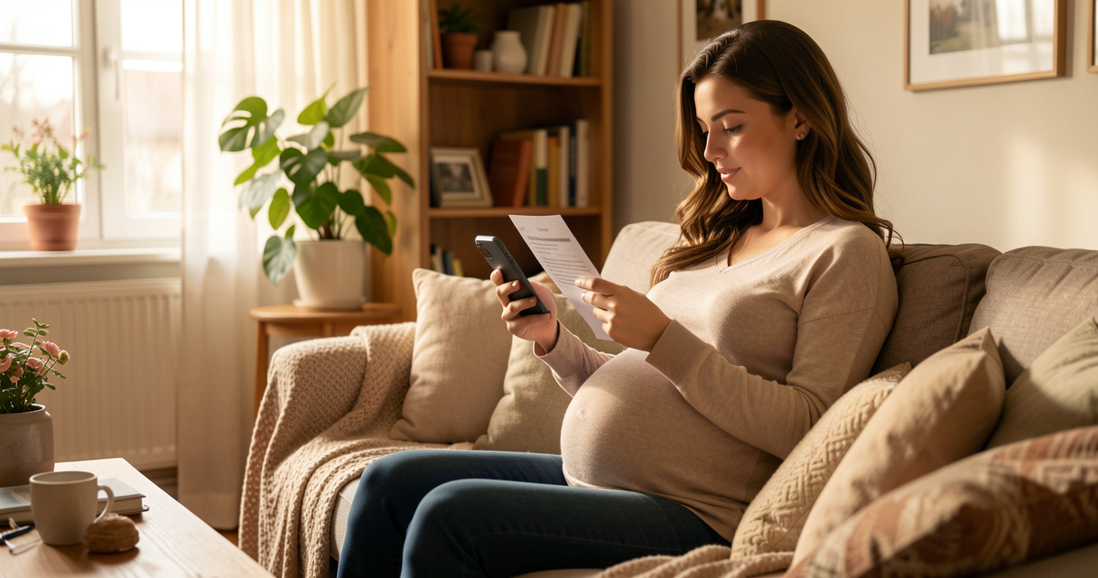 Future mère utilisant un smartphone pour simuler son arrêt maladie avant congé maternité