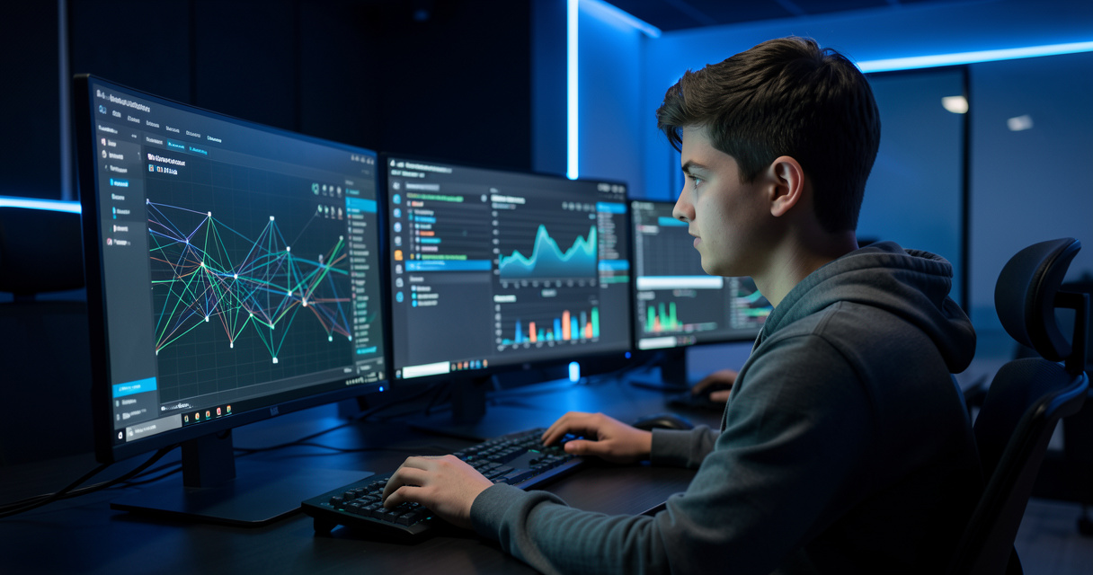 Étudiant en formation cybersécurité Nexa analysant un tableau de bord réseau