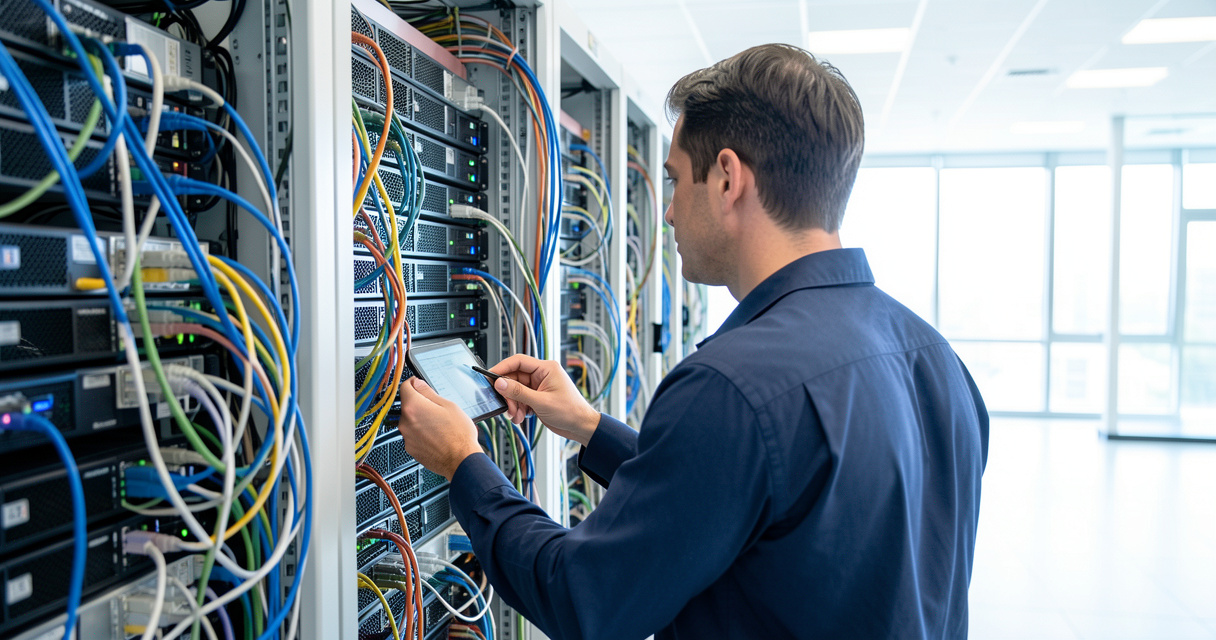 Alternant en formation cybersécurité Nexa vérifiant des serveurs en salle technique